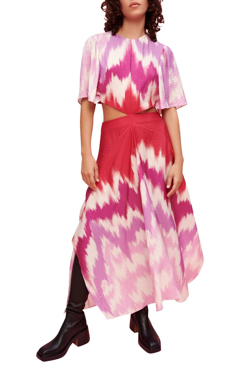 maje Ritiela Print Cutout Maxi Dress, Main, color, Tie Dye Fuchsia