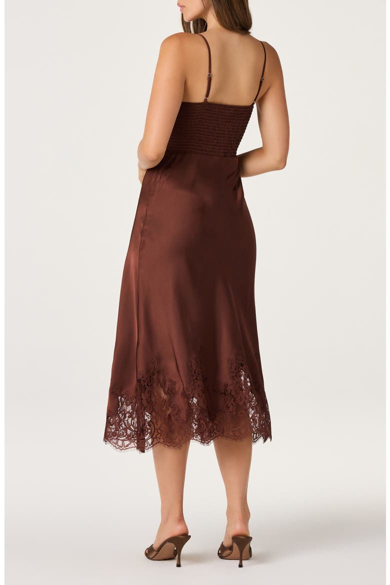 Abrianna Lace Trim Satin Midi Dress, Alternate, color, BROWN