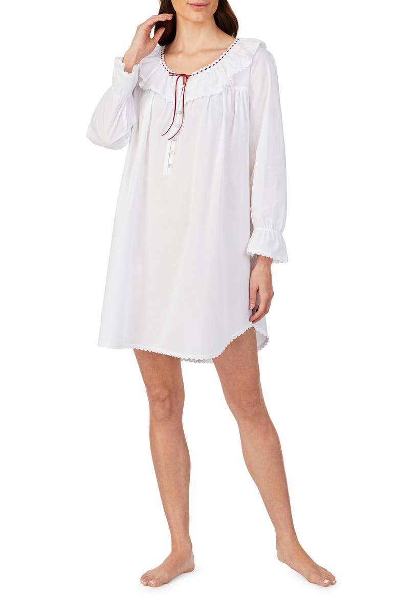 Long Sleeve Short Cotton Nightgown, Main, color, WHITE