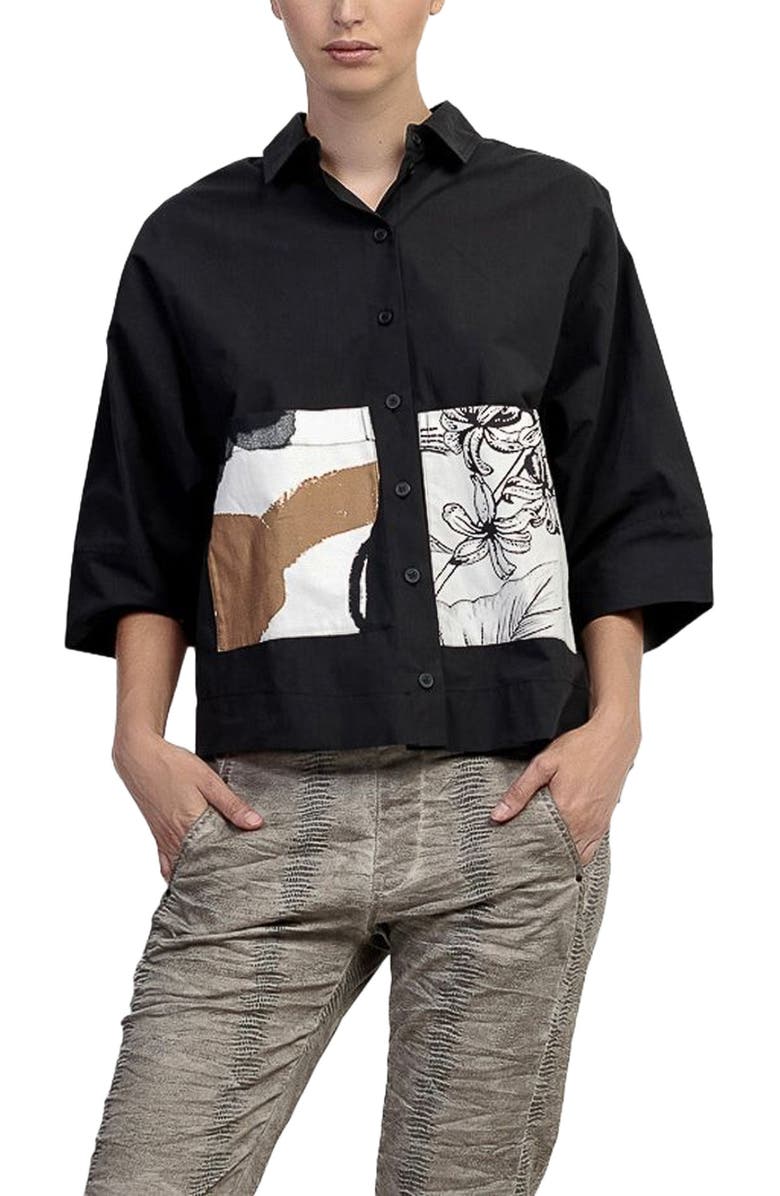 Alembika Boxy button-up shirt with contrast printed pockets, Alternate, color, 
