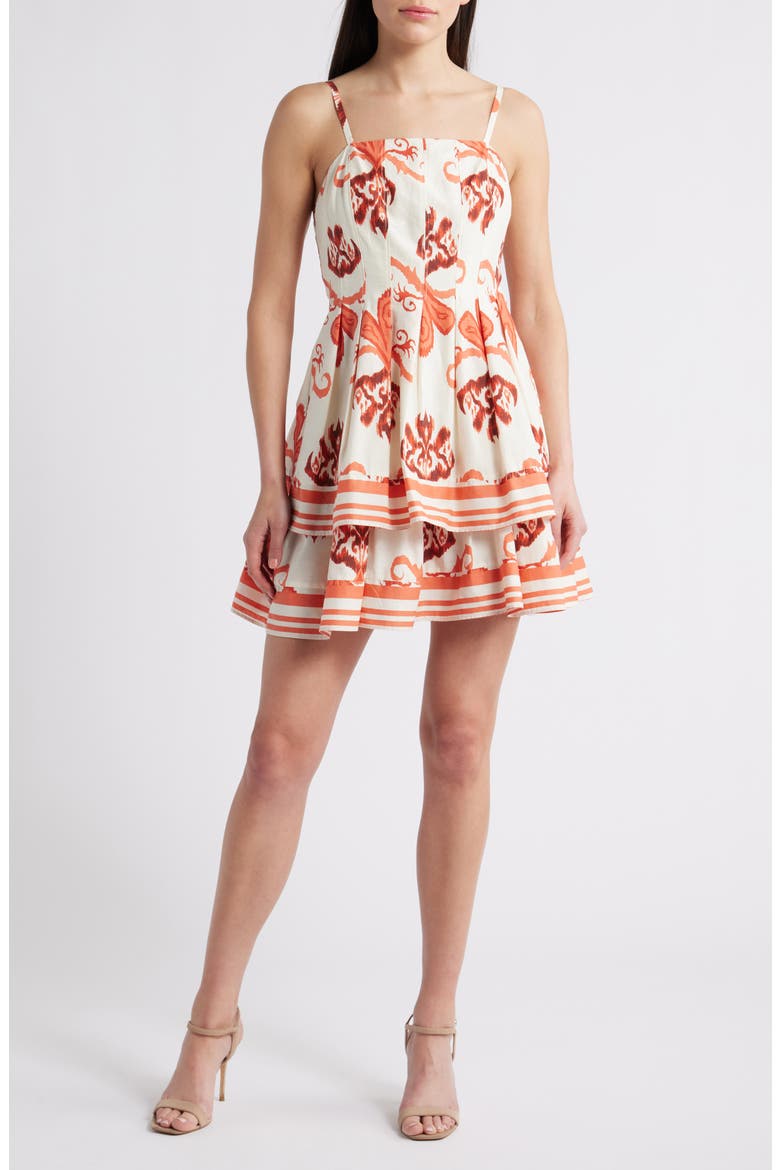 Isla Ikat Print Tiered Cotton Minidress, Main, color, CORAL