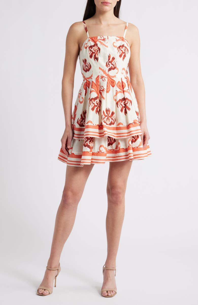 Adelyn Rae Isla Ikat Print Tiered Cotton Minidress, Main, color, Coral
