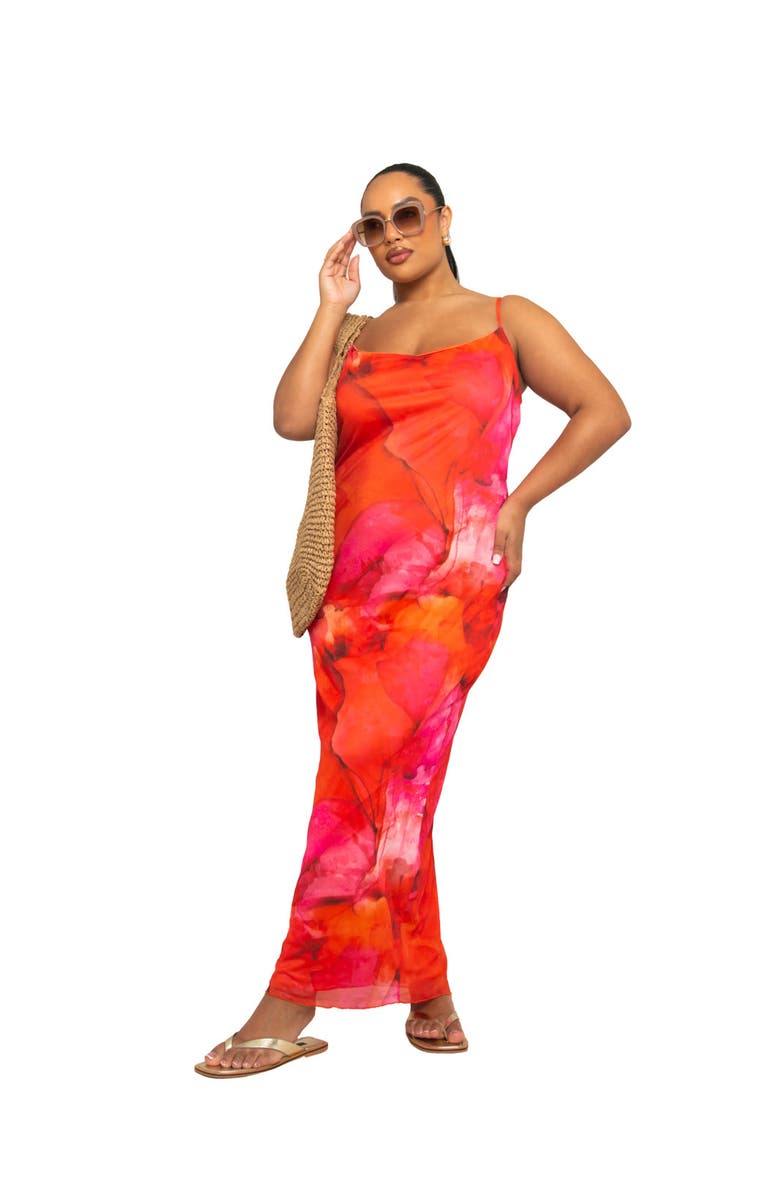 FASHION-SZN CURVE Strappy Abstract Print Mesh Maxi Dress, Main, color, Red