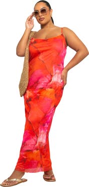 FASHION-SZN CURVE Strappy Abstract Print Mesh Maxi Dress