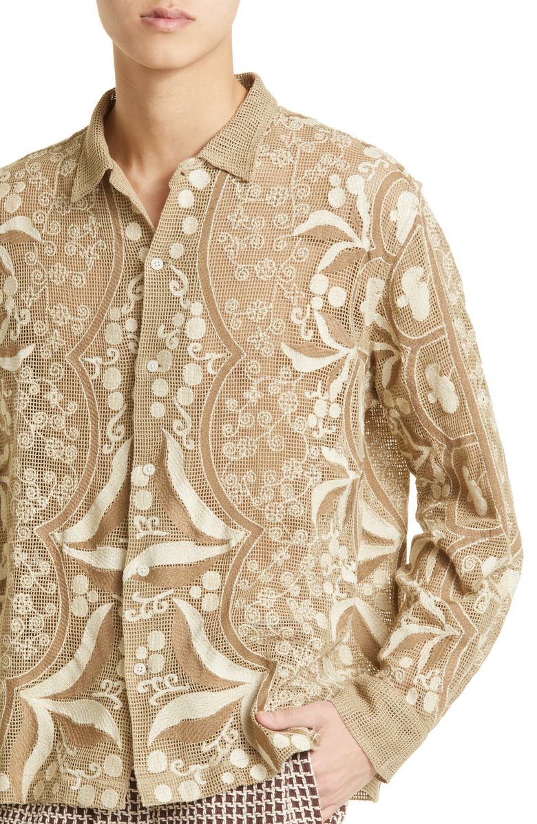 Bode Filet Filigree Embroidered Mesh Button-Up Shirt, Alternate, color, 