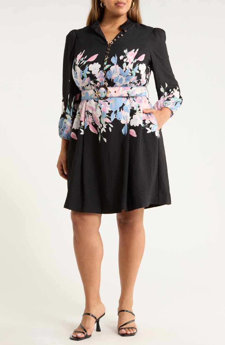 Tahari ASL Print Belted Long Sleeve Dress, Main, color, Black Blue Pink