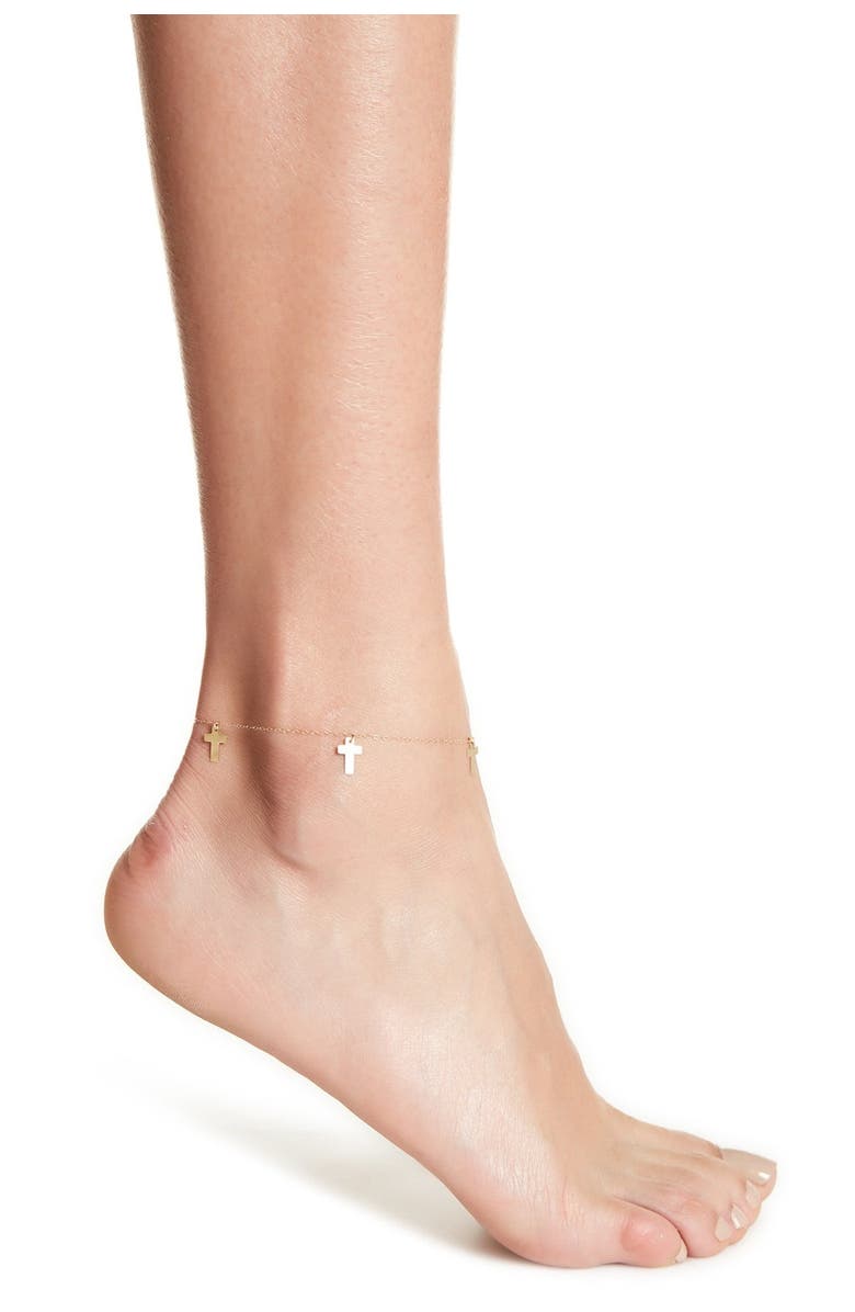 BEST SILVER 14K Gold Cable Chain Cross Charm Anklet, Main, color, Silver