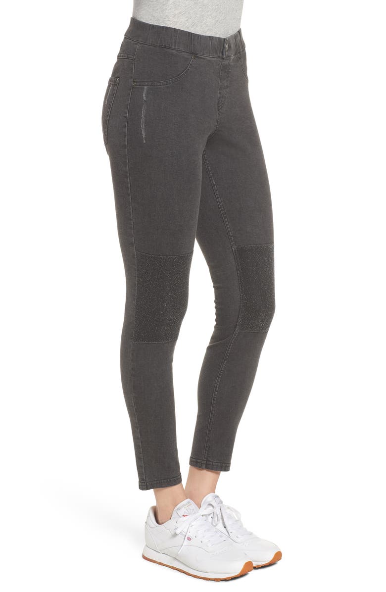 Zeza B by Hue Metallic Knee Patch Denim Skimmer Leggings, Alternate, color, 