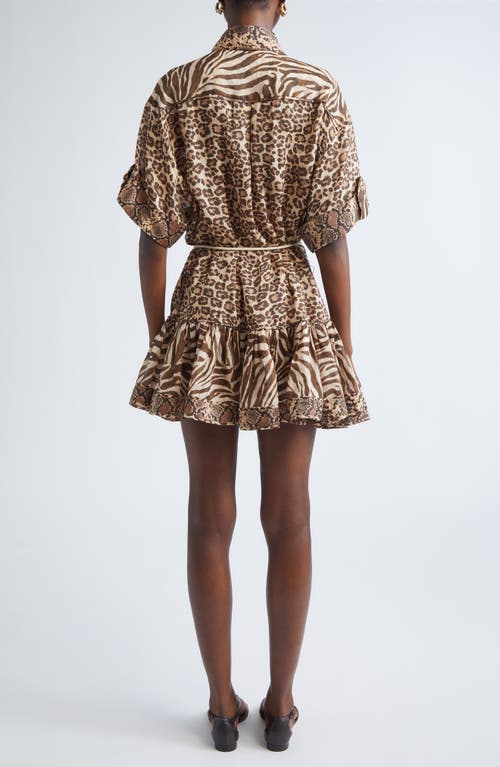 Zimmermann Wanderlust Lantern Belted Printed Cotton Mini Dress In Brown