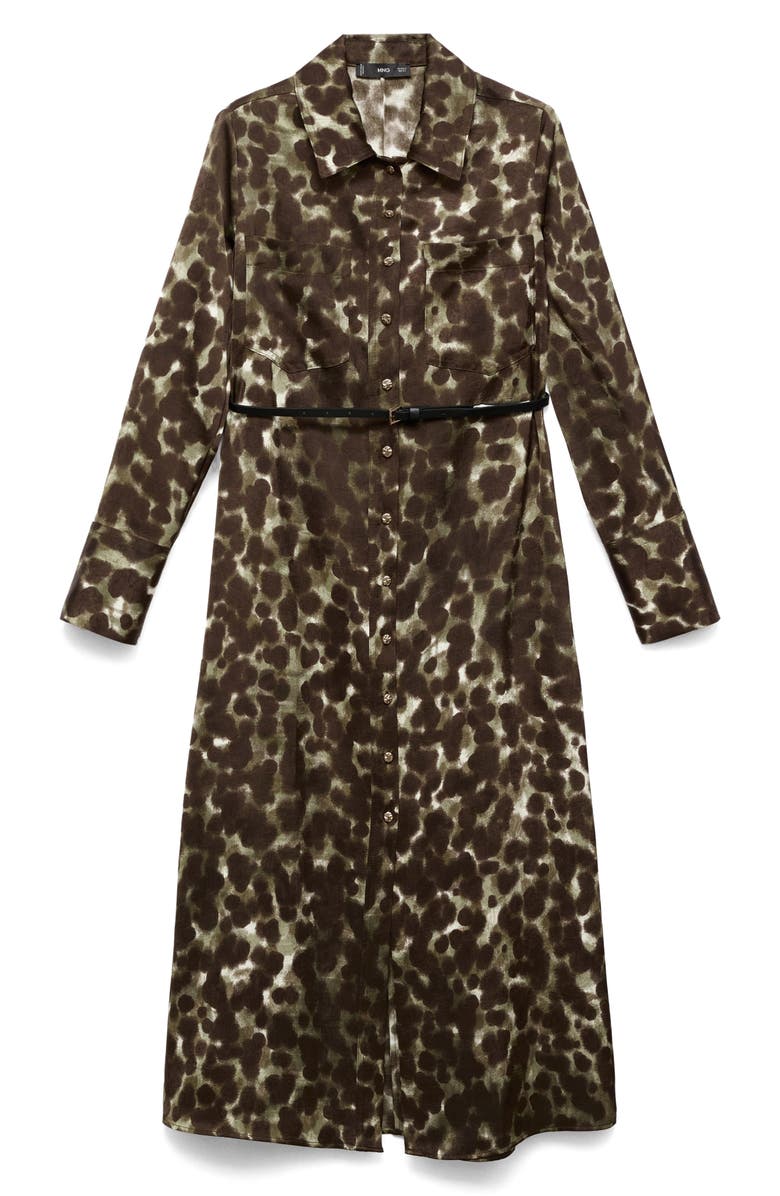 MANGO Print Belted Long Sleeve Maxi Shirtdress, Alternate, color, Khaki