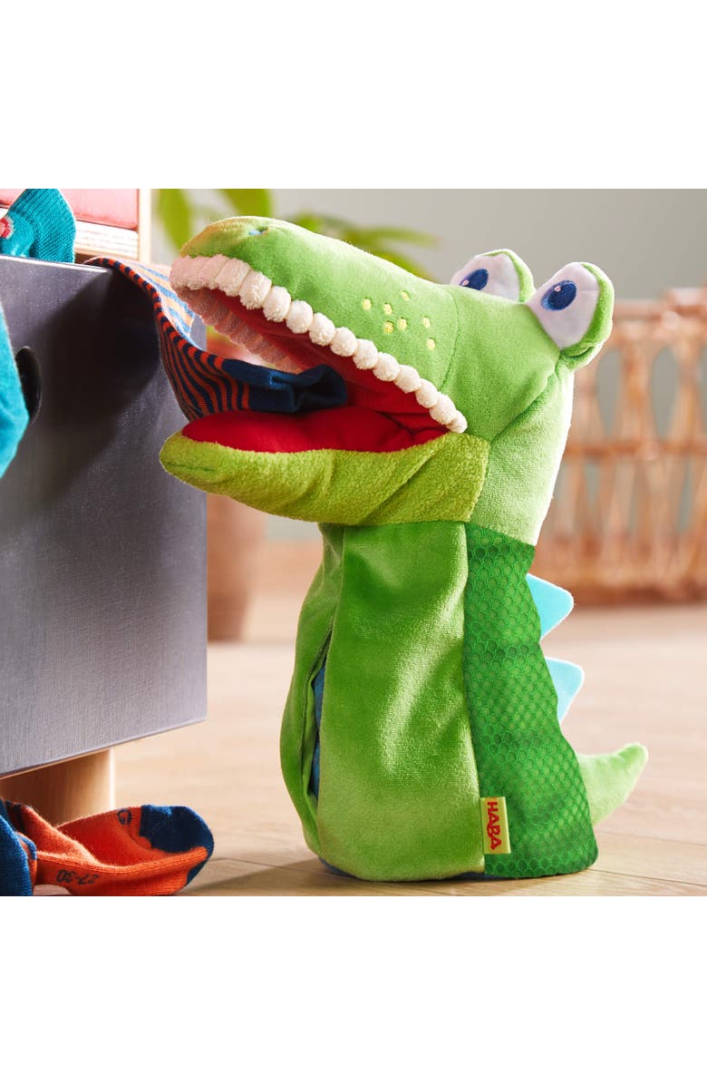 HABA Hand Puppet - Eat it Up Croco Interactive Puppet Show Toy with Belly Bag for Storytelling, Speech Therapy Toys and Pretend Play for 18 mo+, Alternate, color, Green Multi