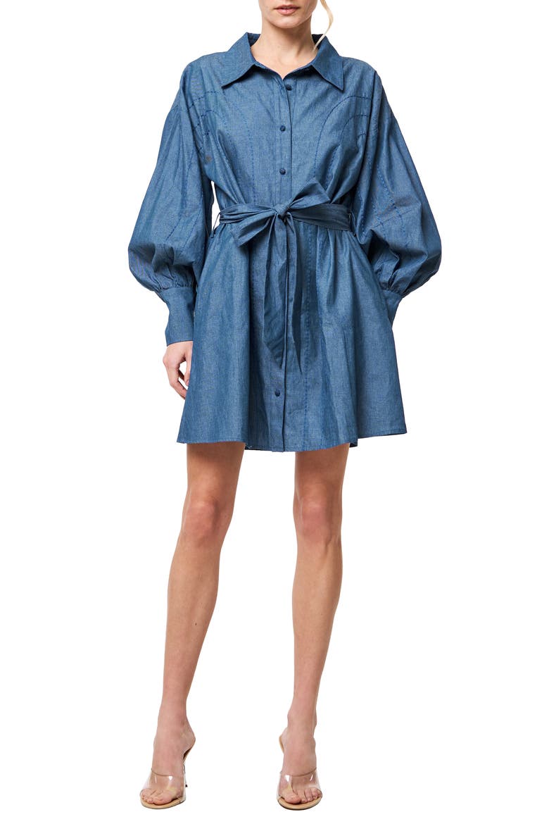 Embroidered Long Sleeve Denim Mini Shirtdress, Main, color, BLUE