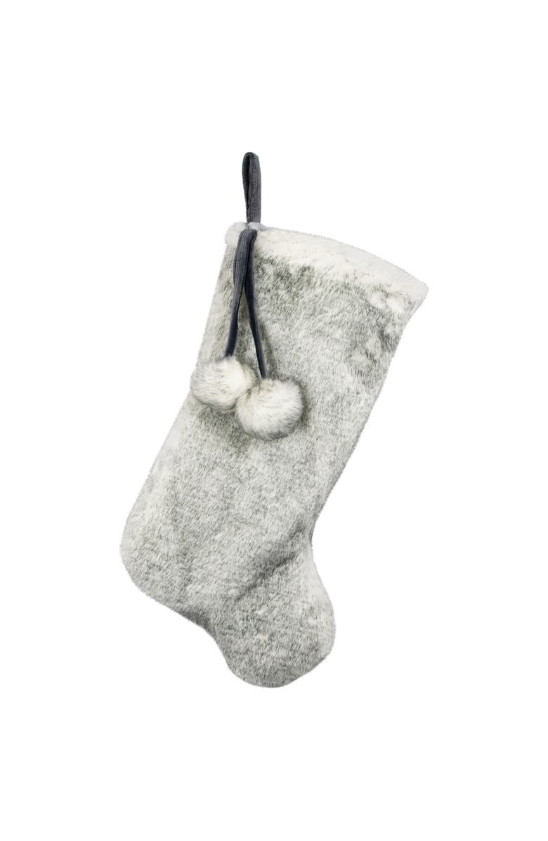 Northlight Silver Fox Faux Fur Christmas Stocking with Pom Poms - 20.5", Main, color, Silver
