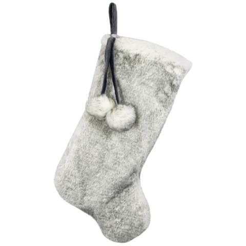 Silver Fox Faux Fur Christmas Stocking with Pom Poms - 20.5"