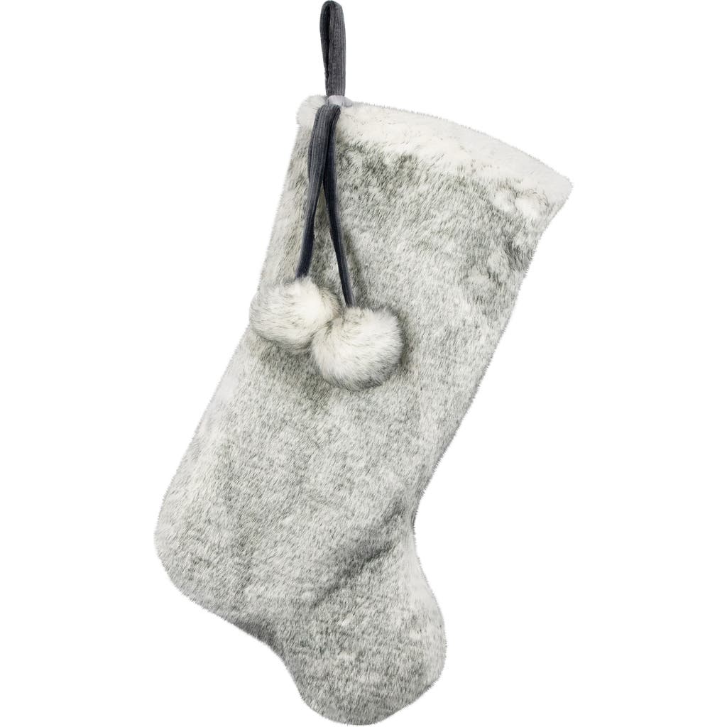 Northlight Silver Fox Faux Fur Christmas Stocking With Pom Poms In Silver