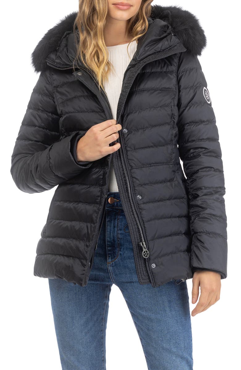 GORSKI Apres-Ski Horizontal Short Jacket With Detachable Genuine Shearling Hood Trim, Alternate, color, Black/Black