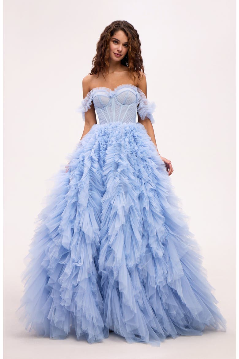 blue fluffy prom dresses Beautiful Long Tulle A-line Blue Puff Sleeves Prom Dresses, Evening Dresses