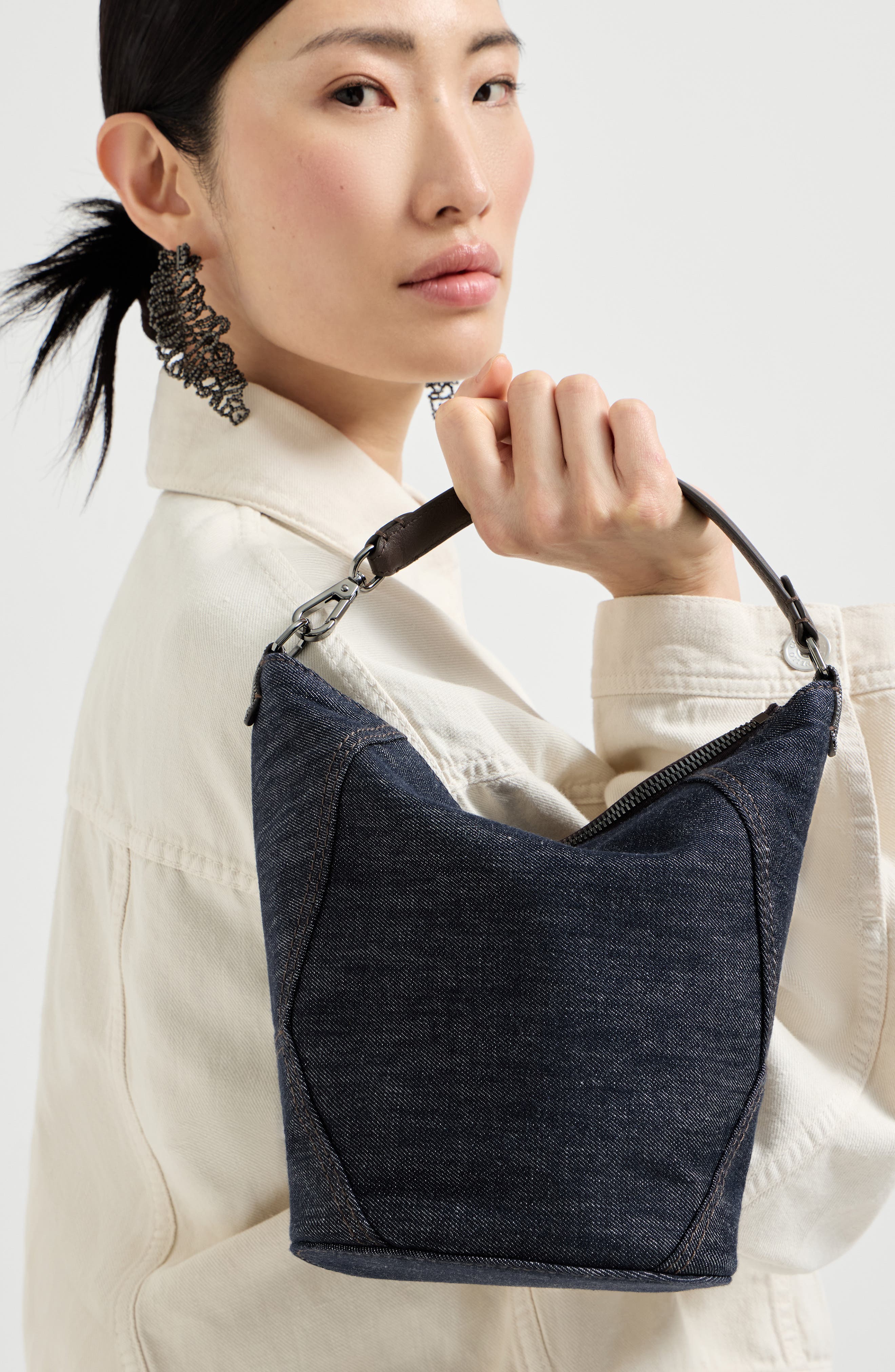 Brunello Cucinelli Twill BC Duo small bucket bag, Alternate, color, Blue