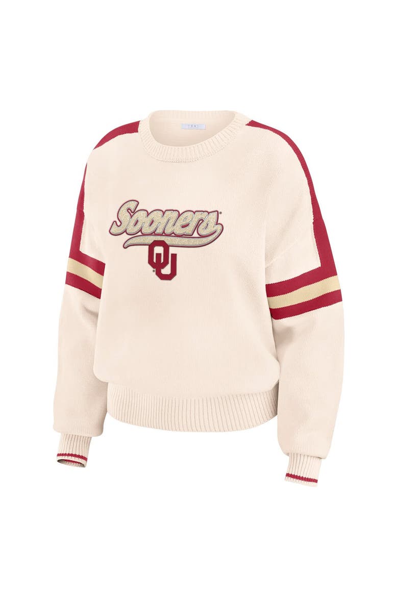 Women's WEAR by Erin Andrews  Cream Oklahoma Sooners Chenille Woven Patch Stripe Pullover Sweater, Alternate, color, Cream