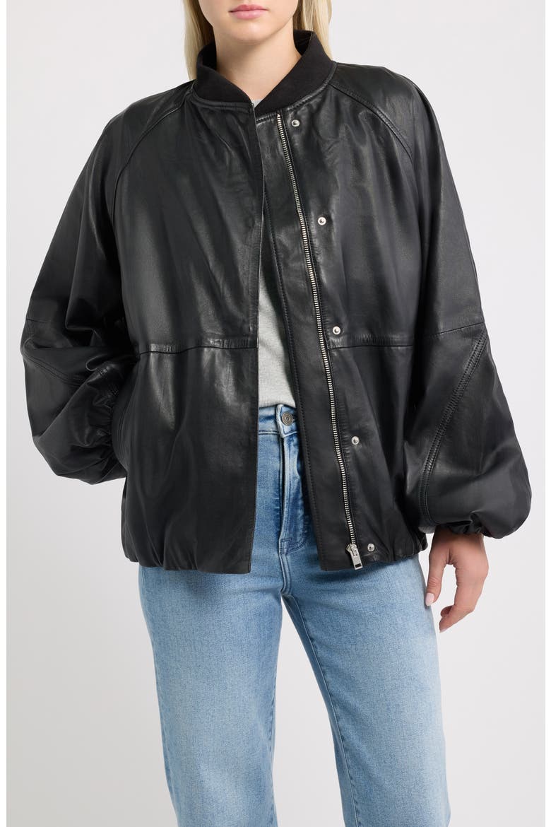 Kylie Oversized Leather Bomber Jacket, Main, color, BLACK
