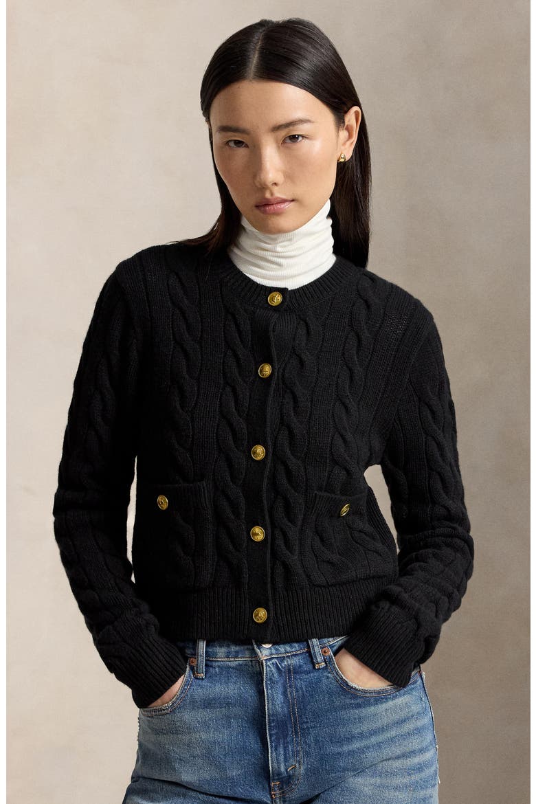 Cable Knit Wool & Cashmere Cardigan, Alternate, color, BLACK