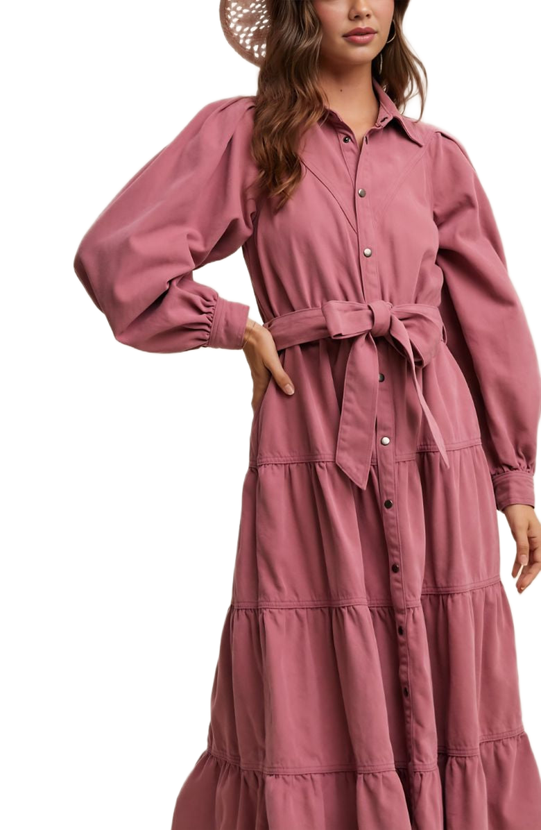 Knit and Lounge Rose Tiered Belted Button Down Maxi Shirt Dress, Alternate, color, Rose