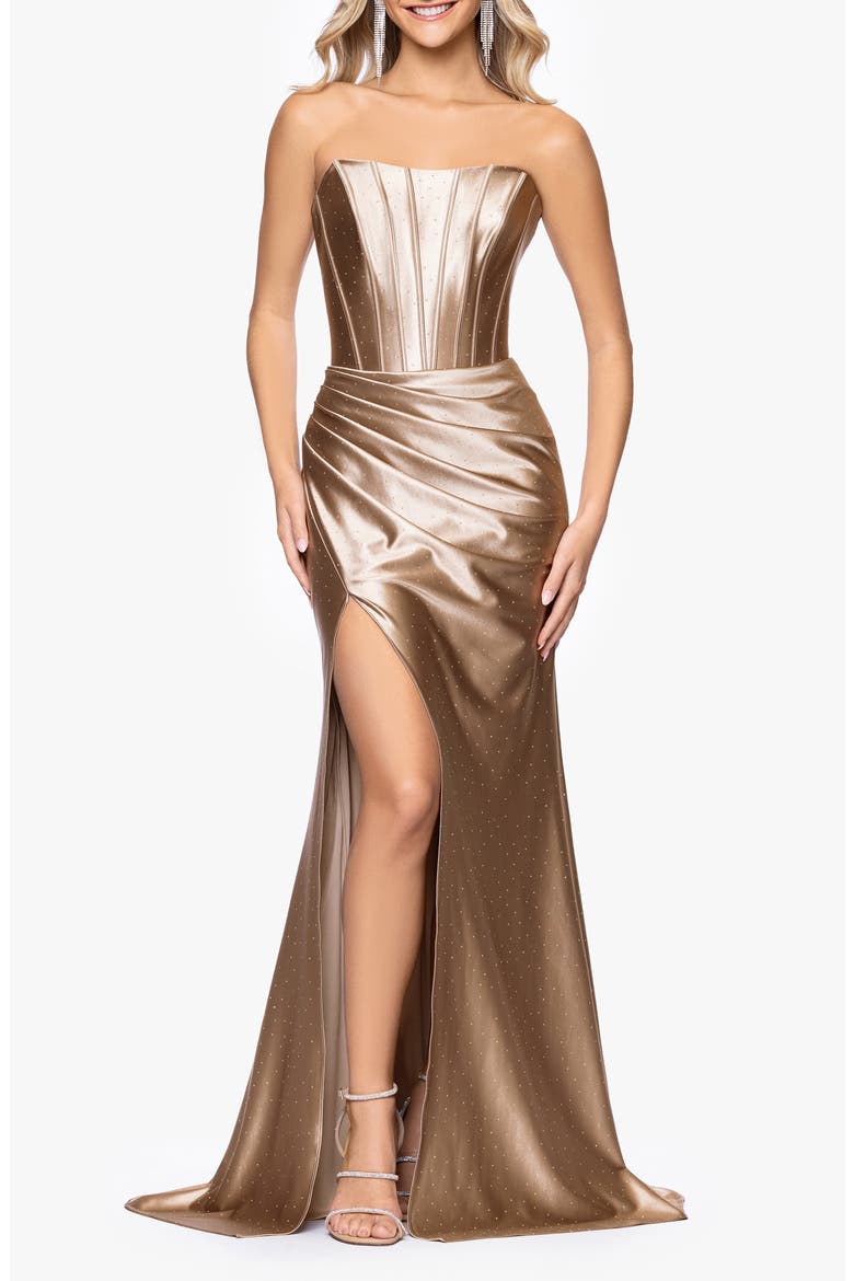 Kenya Satin Strapless Corset Gown, Main, color, TAUPE