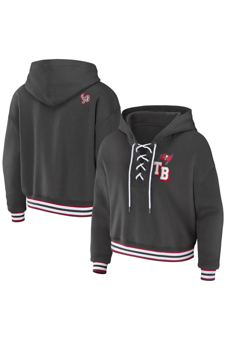 Women's WEAR by Erin Andrews Pewter Tampa Bay Buccaneers Lace-Up Pullover Hoodie, Main, color, Pewter