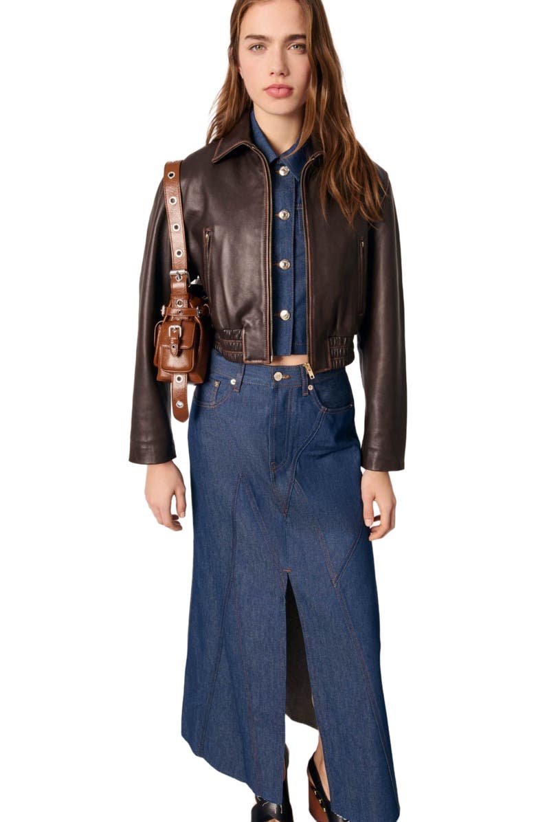 maje Long denim skirt, Alternate, color, 