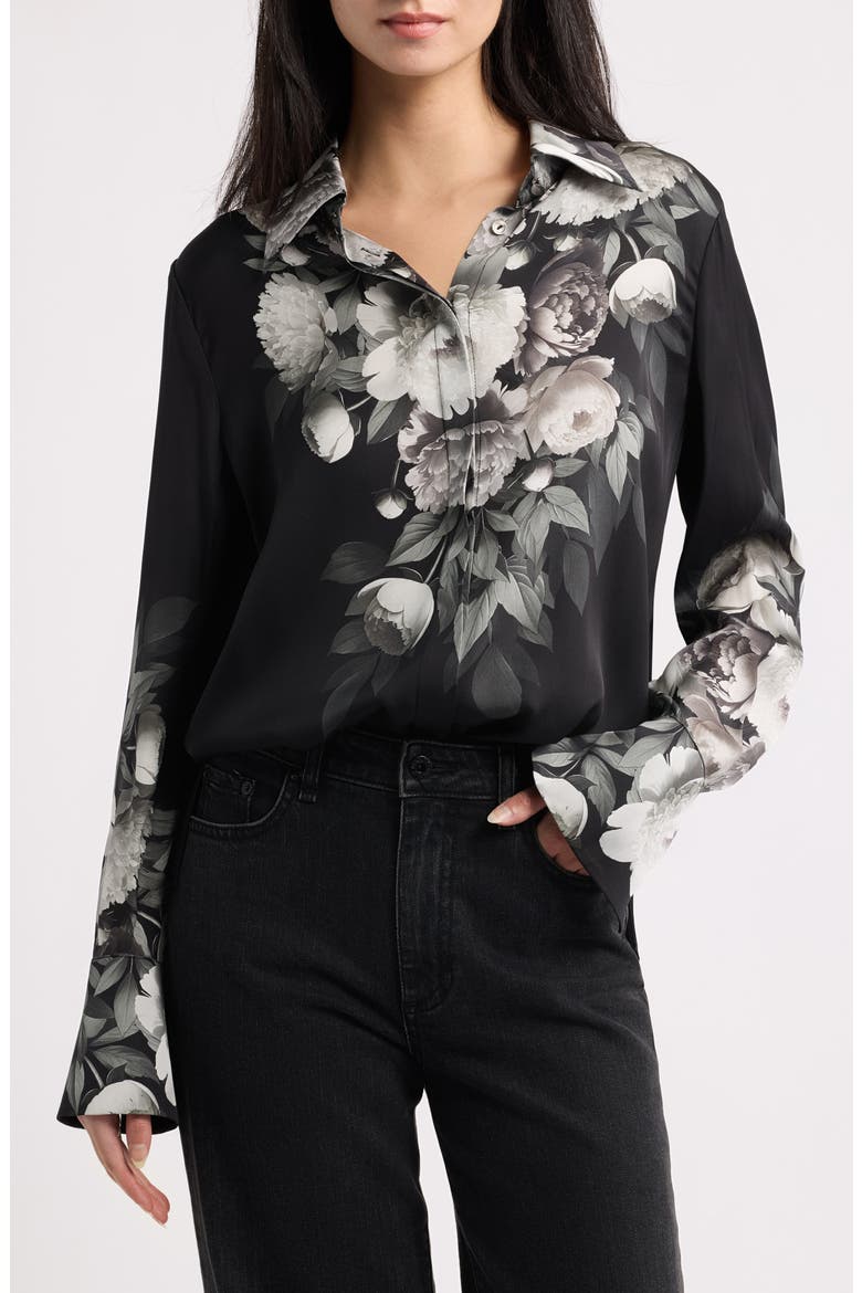 Kit Placed Floral Stretch Silk Georgette Button-Up Shirt, Main, color, BLACK MULTI