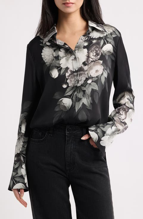 Kit Placed Floral Stretch Silk Georgette Button-Up Shirt