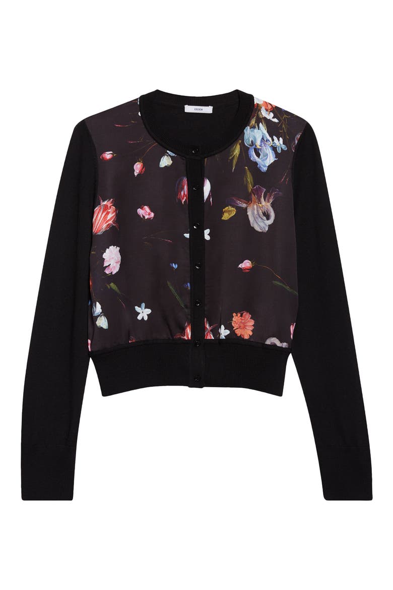 Floral Satin & Merino Wool Cardigan, Alternate, color, DUTCH FLOWER PAINTING BLACK