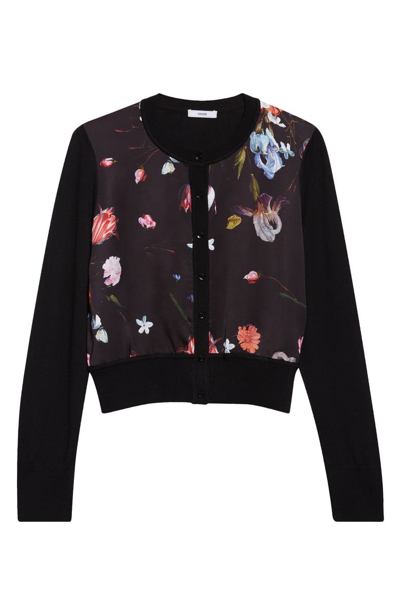 Erdem Floral Satin & Merino Wool Cardigan, Main, color, Dutch Flower Painting Black