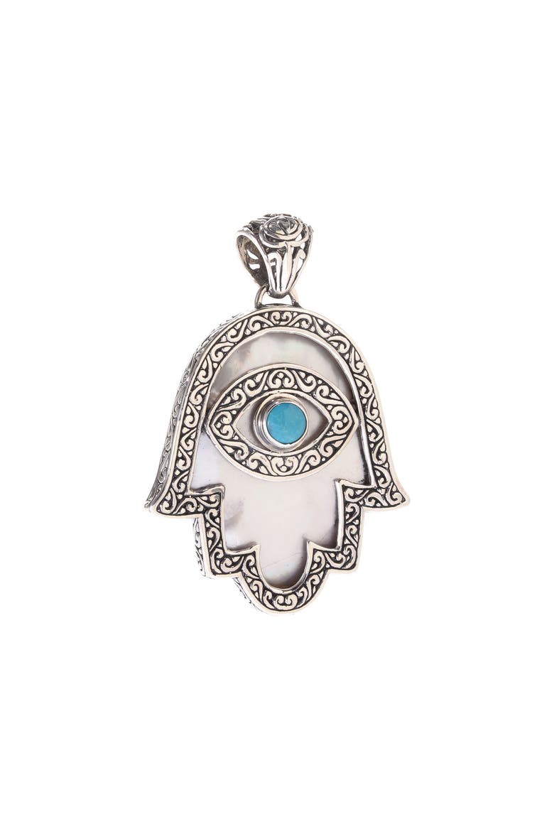 Sterling Silver Mother-of-Pearl & Turquoise Hamsa Pendant, Main, color, WHITE