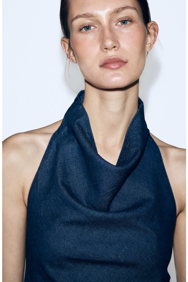 Cowl Halter Neck Open Back Denim Top, Alternate, color, OPEN BLUE