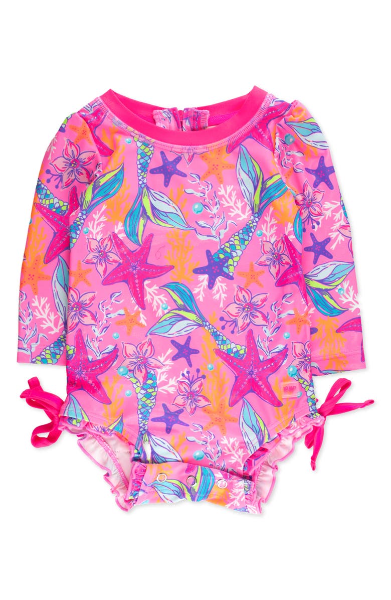 RuffleButts Kids' Mermaid Long Sleeve One-Piece Rashguard Swimsuit, Main, color, Pink