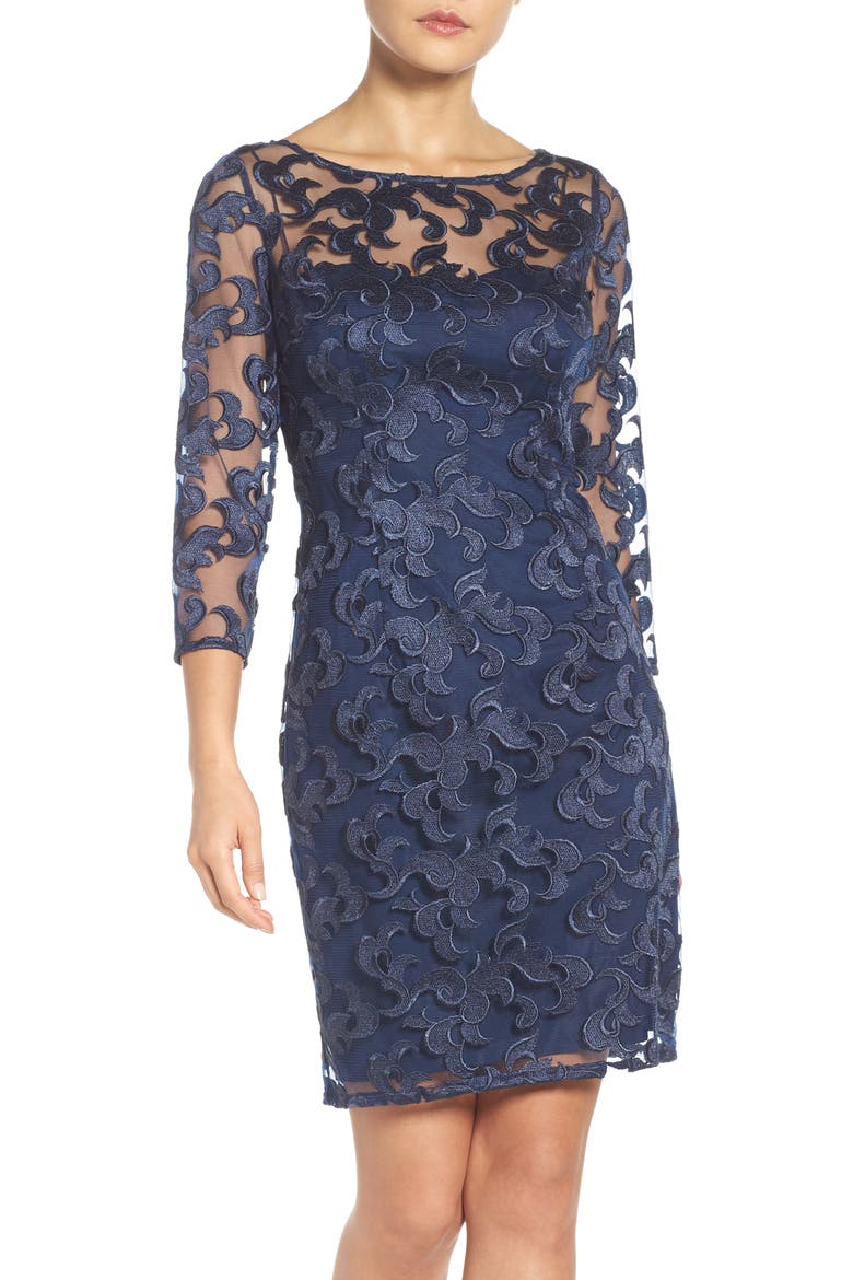 Aidan Mattox Illusion Mesh Sheath Dress, Alternate, color, NAVY