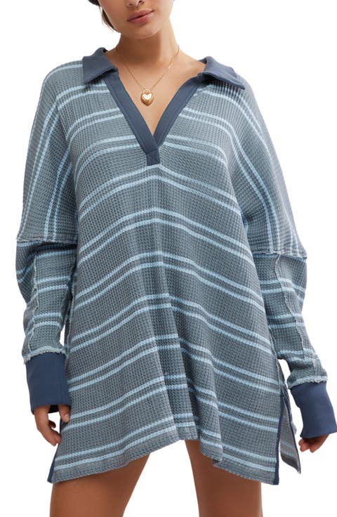 Stripe Long Sleeve Stretch Cotton Waffle Knit Tunic Top