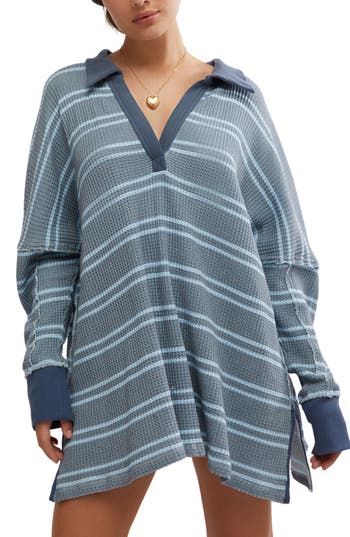 FREE PEOPLE FREE PEOPLE STRIPE LONG SLEEVE STRETCH COTTON WAFFLE KNIT TUNIC TOP
