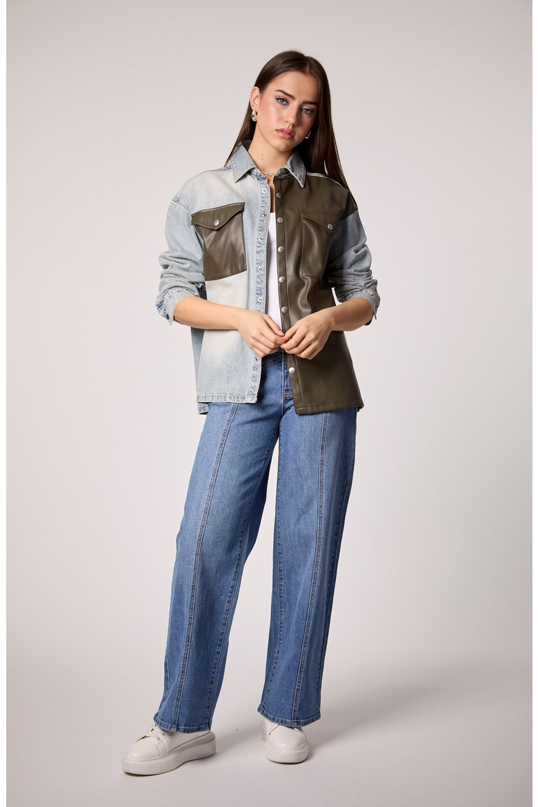 UNreal Leather & Denim Shacket, Main, color, Ora / Olive