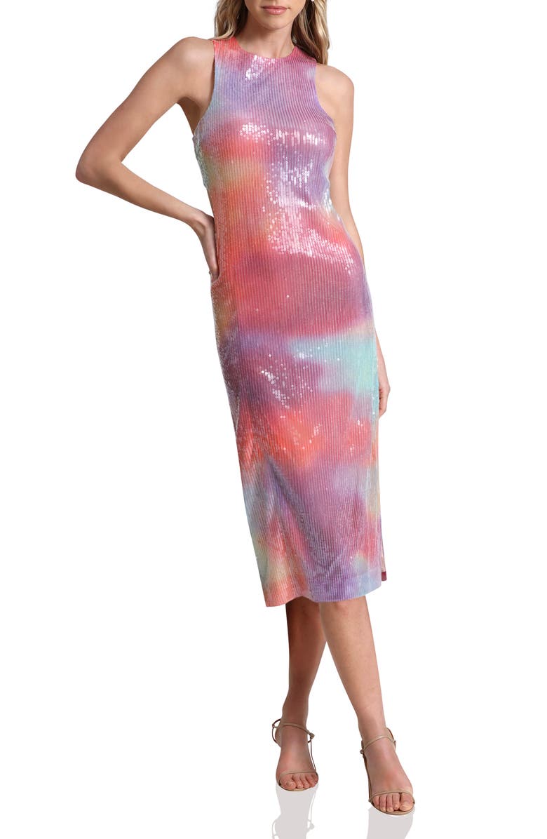 Avec Les Filles Tie Dye Sequin Cutout Cocktail Midi Dress, Alternate, color, Miami Sunset