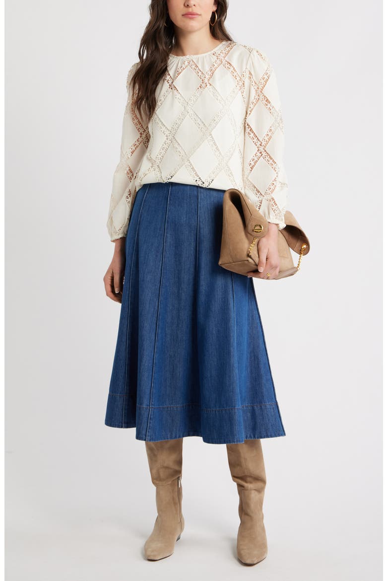 Seamed A-Line Denim Midi Skirt, Alternate, color, DARK WASH