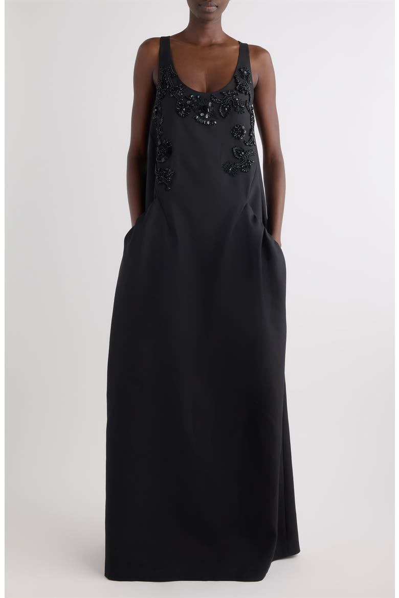Beaded Rounded Wool & Silk Evening Gown, Main, color, BLACK