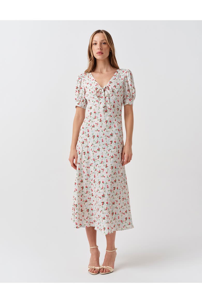 Dorothy Tie V-Neck Crepe Midi Dress, Alternate, color, Ivory Ditsy