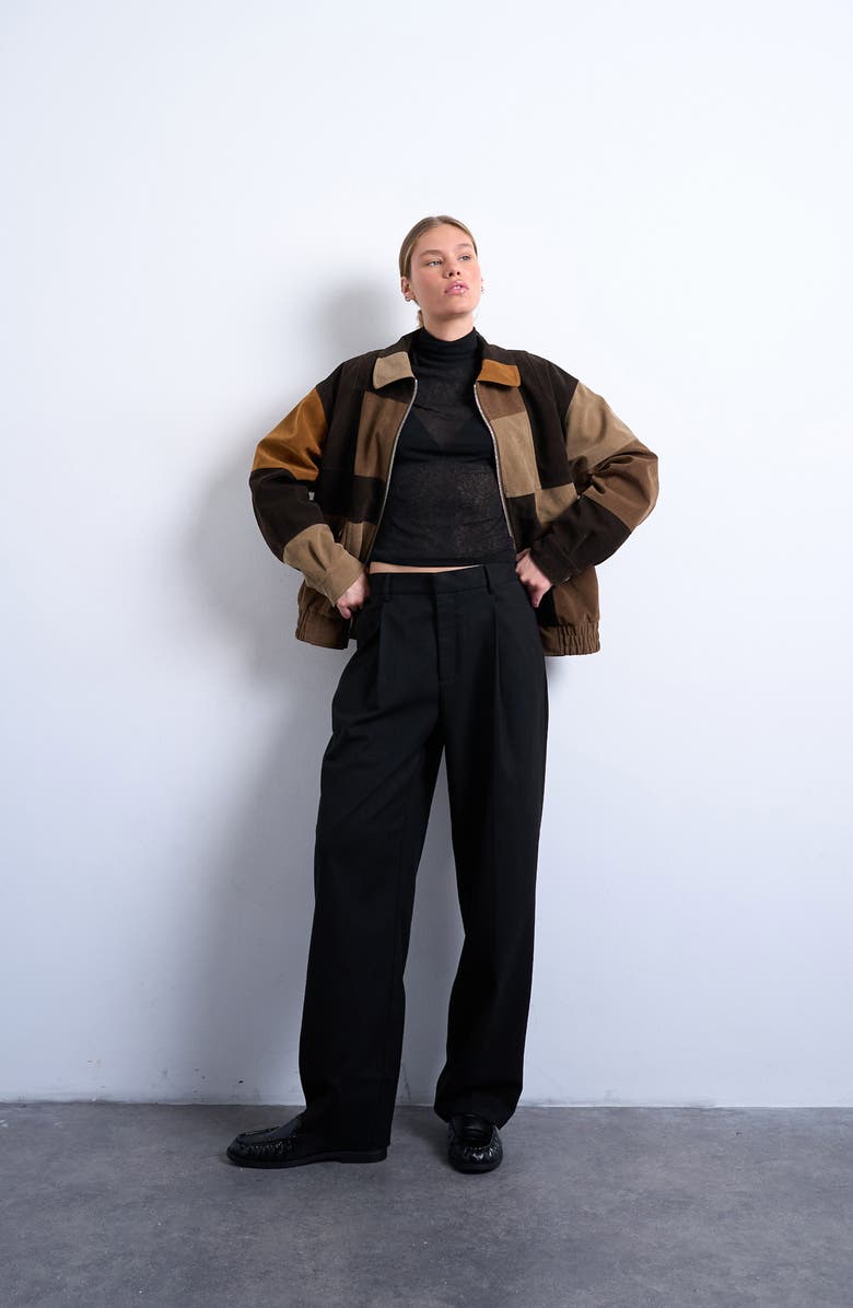 Topshop Patchwork Faux Suede Bomber Jacket, Alternate, color, Brown Multi