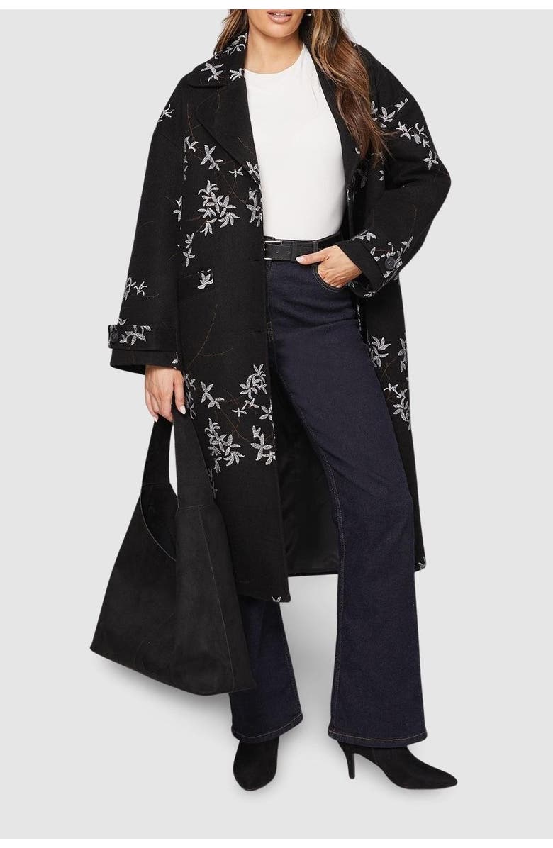 Wallis Floral Three Button Collared Coat, Alternate, color, Black