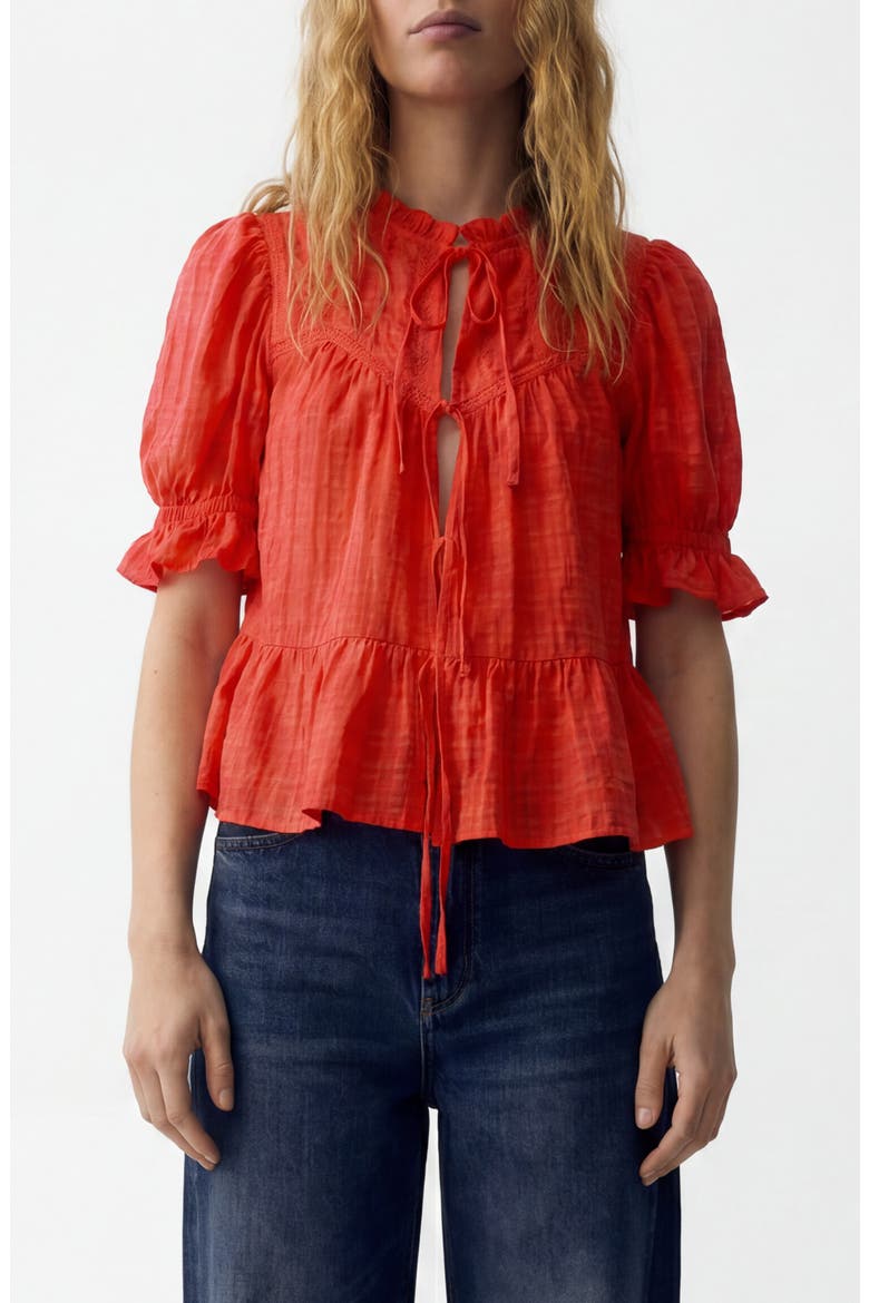 Embroidered Tie Front Top, Main, color, BRIGHT ORANGE