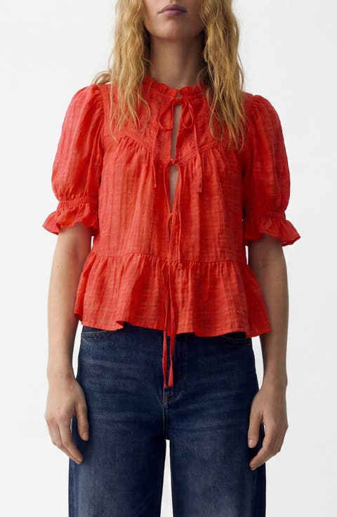 Embroidered Tie Front Top