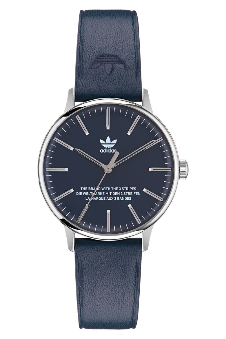 Code One Leather Strap Watch, 38mm, Main, color, SILVER/ BLUE/ BLUE