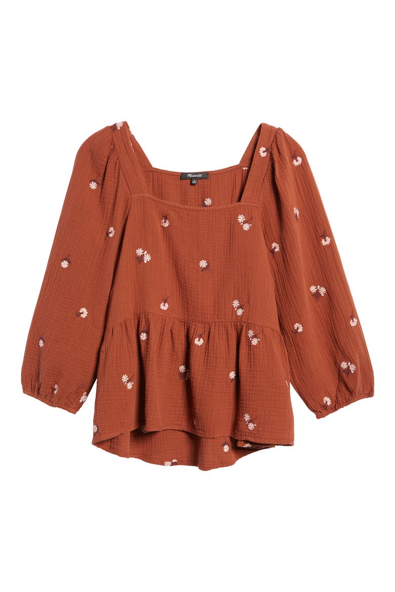 Millbrook Amie Floral Embroidered Puff Sleeve Lightspun Peplum Top, Alternate, color, MAPLE SYRUP
